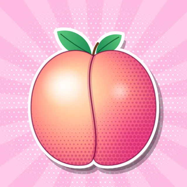 Mascot: a cartoon peach on a pink background.